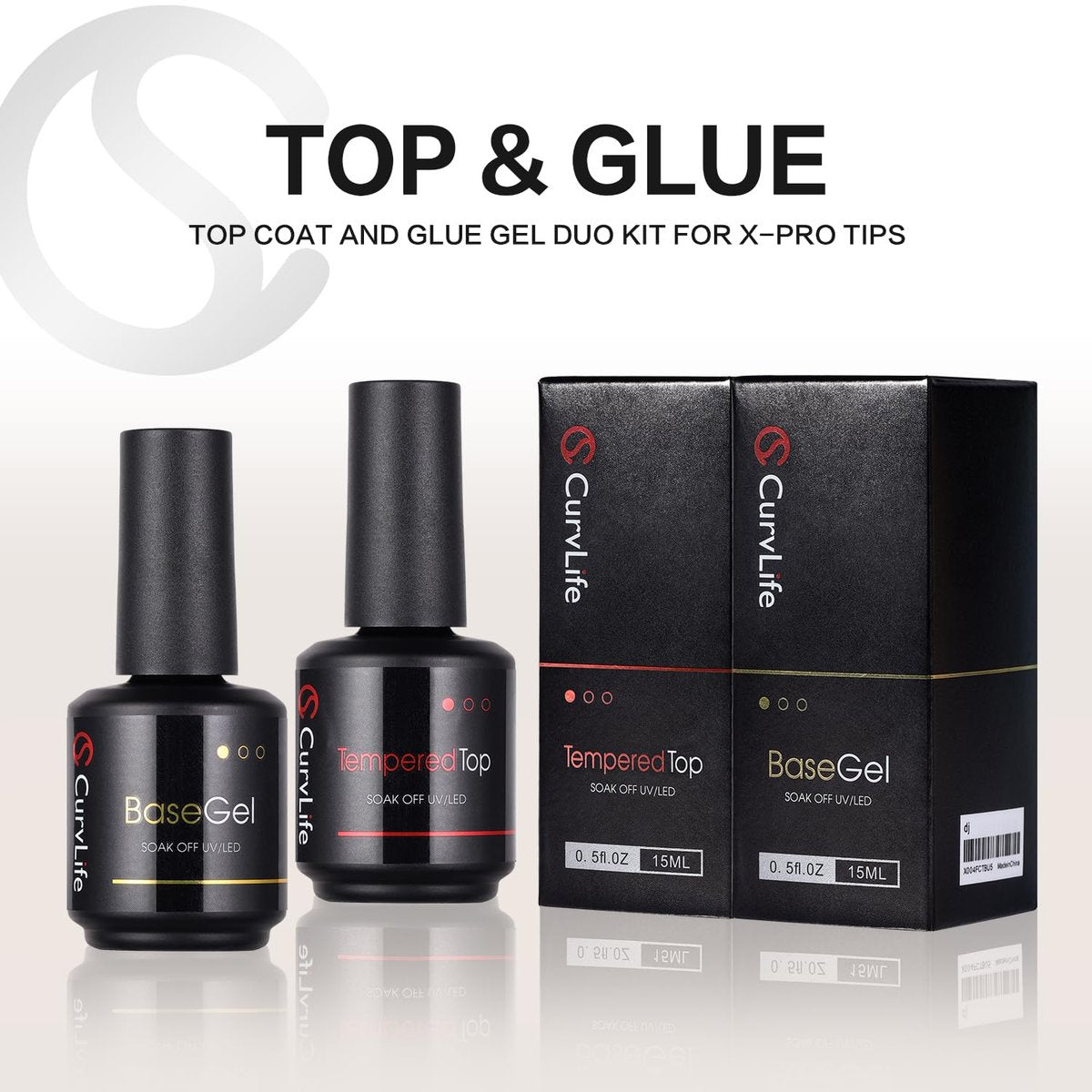 CurvLife 15ml No Wipe Top Coat & Base Coat Set - Clear Glossy Gel Nail Polish for UV/LED Curing - Long Lasting Shiny Finish Avelisse