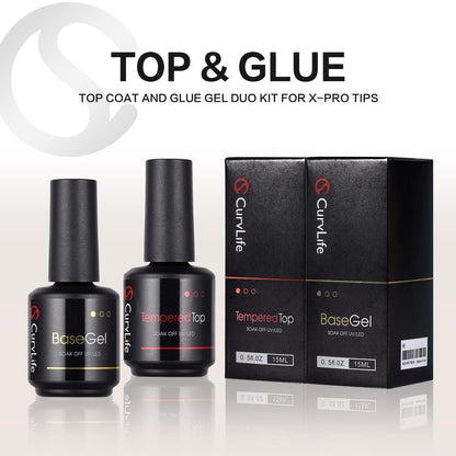 CurvLife 15ml No Wipe Top Coat & Base Coat Set - Clear Glossy Gel Nail Polish for UV/LED Curing - Long Lasting Shiny Finish Avelisse