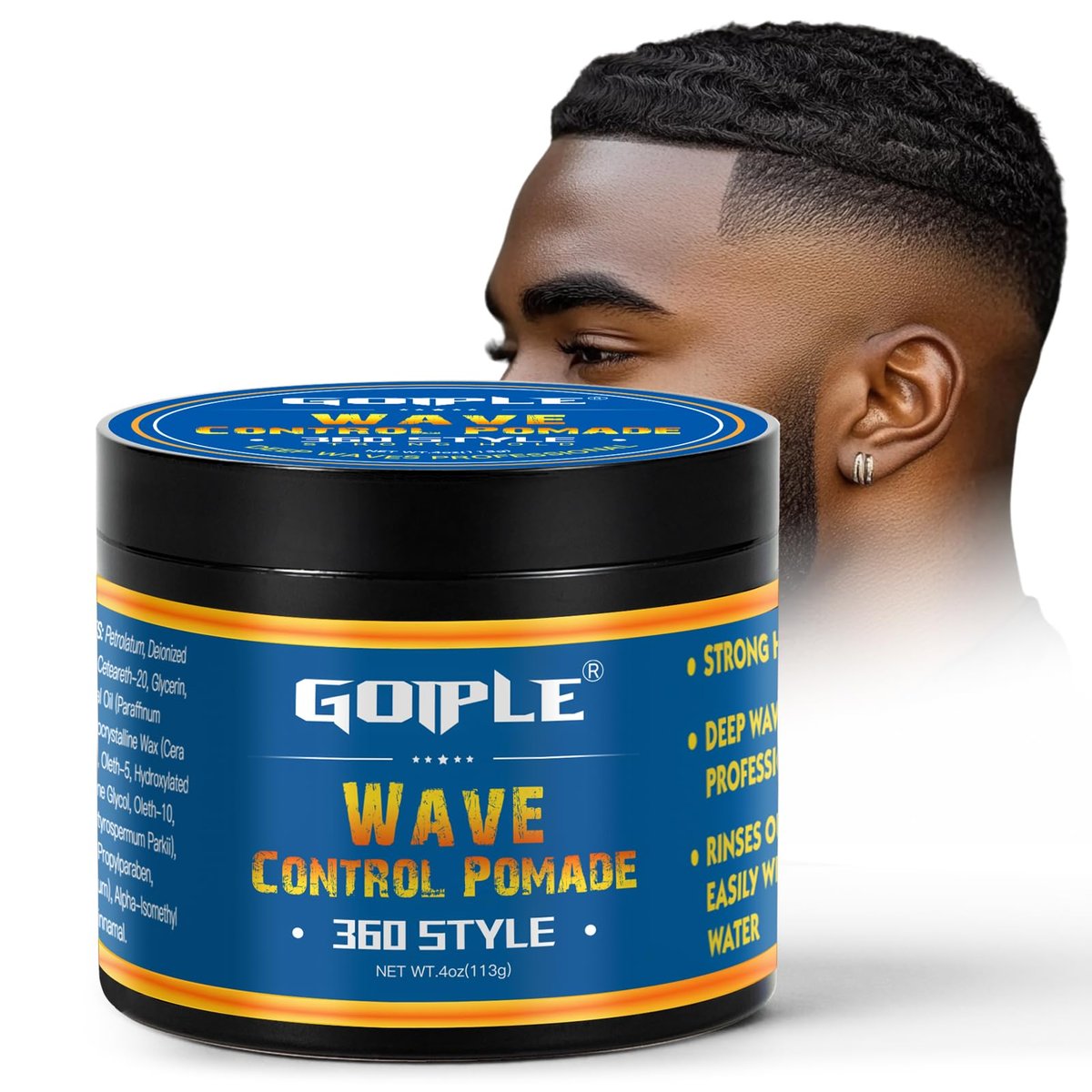 Goiple Natural Wave Pomade Strong Hold Easy Wash 360 Wave Training Hair Cream - Water-Based Wave Grease for Men, Moisture & Silky Shine, 4 oz Avelisse