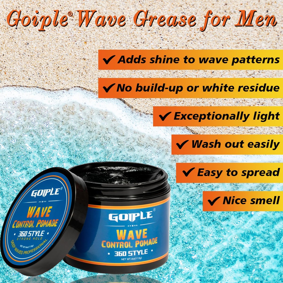 Goiple Natural Wave Pomade Strong Hold Easy Wash 360 Wave Training Hair Cream - Water-Based Wave Grease for Men, Moisture & Silky Shine, 4 oz Avelisse