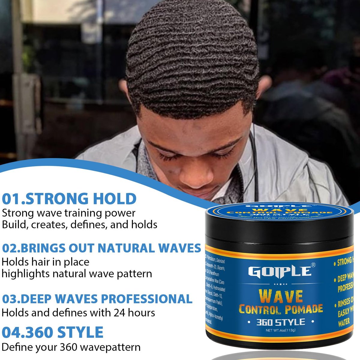 Goiple Natural Wave Pomade Strong Hold Easy Wash 360 Wave Training Hair Cream - Water-Based Wave Grease for Men, Moisture & Silky Shine, 4 oz Avelisse