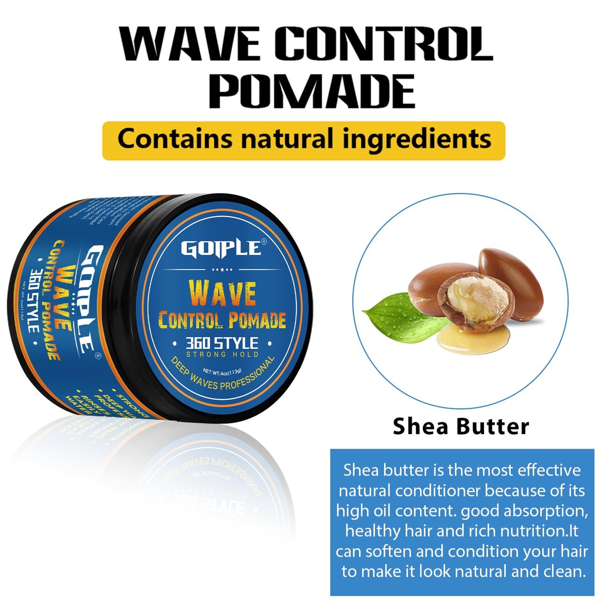 Goiple Natural Wave Pomade Strong Hold Easy Wash 360 Wave Training Hair Cream - Water-Based Wave Grease for Men, Moisture & Silky Shine, 4 oz Avelisse