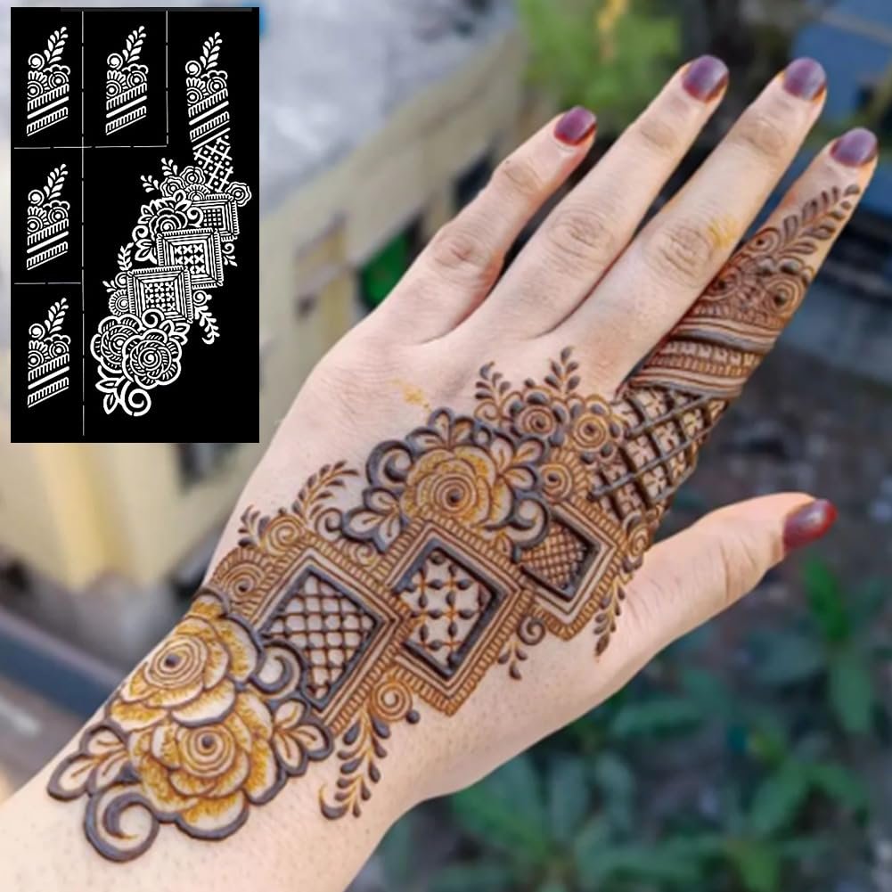 QSTOHENA Reusable Henna Tattoo Stencils Kit - 9 Sheets Mehendi Stencils for Hands, Forearm, Glitter & Airbrush DIY Tattooing (8.2" x 4.7") - görsel 8
