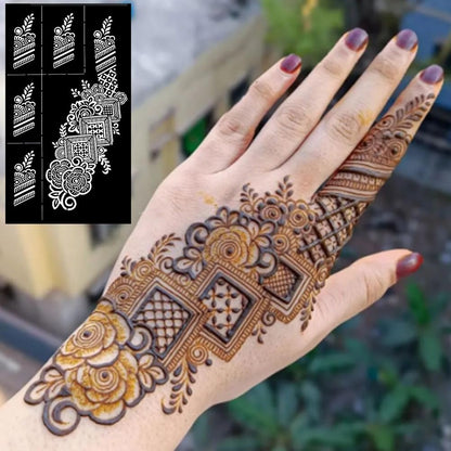 QSTOHENA Reusable Henna Tattoo Stencils Kit - 9 Sheets Mehendi Stencils for Hands, Forearm, Glitter & Airbrush DIY Tattooing (8.2" x 4.7")