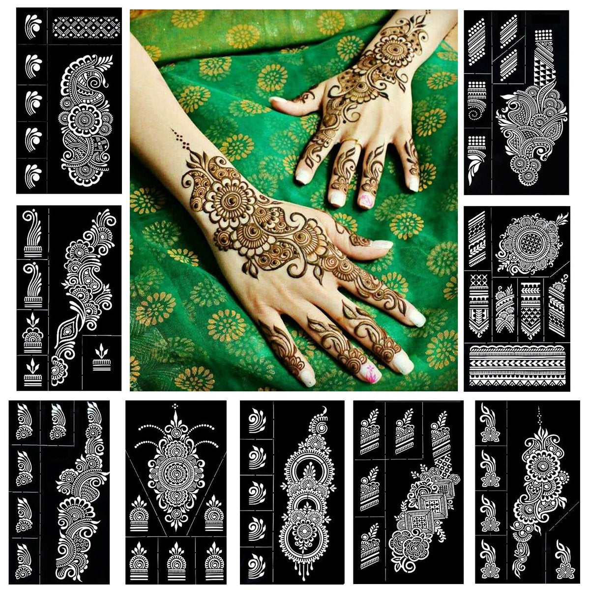 QSTOHENA Reusable Henna Tattoo Stencils Kit - 9 Sheets Mehendi Stencils for Hands, Forearm, Glitter & Airbrush DIY Tattooing (8.2" x 4.7") - görsel 2