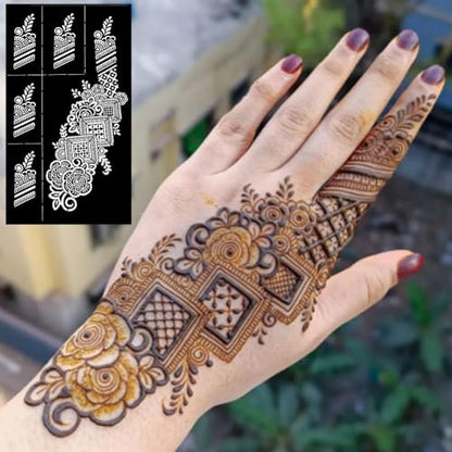 QSTOHENA Reusable Henna Tattoo Stencils Kit - 9 Sheets Mehendi Stencils for Hands, Forearm, Glitter & Airbrush DIY Tattooing (8.2" x 4.7")