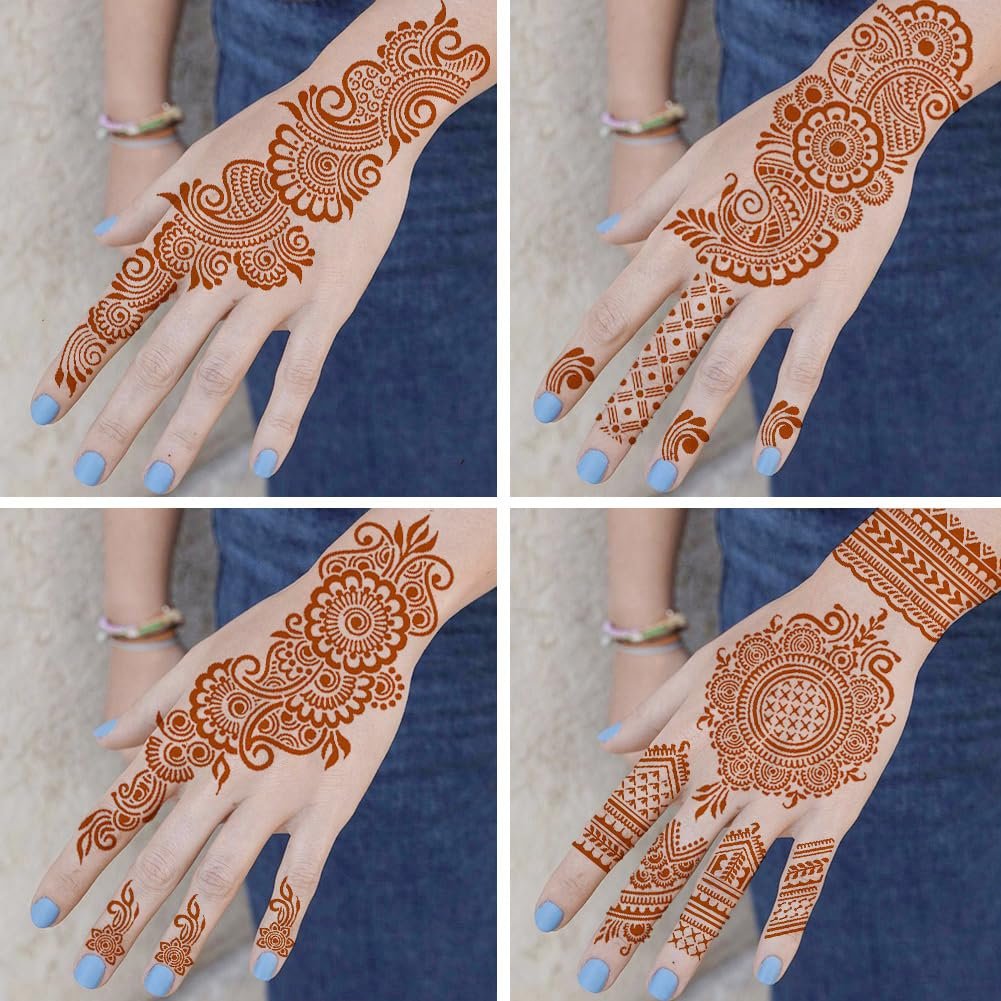 QSTOHENA Reusable Henna Tattoo Stencils Kit - 9 Sheets Mehendi Stencils for Hands, Forearm, Glitter & Airbrush DIY Tattooing (8.2" x 4.7") - görsel 4