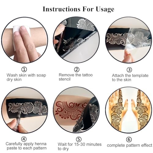 QSTOHENA Reusable Henna Tattoo Stencils Kit - 9 Sheets Mehendi Stencils for Hands, Forearm, Glitter & Airbrush DIY Tattooing (8.2" x 4.7") - görsel 11