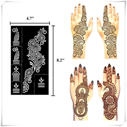 QSTOHENA Reusable Henna Tattoo Stencils Kit - 9 Sheets Mehendi Stencils for Hands, Forearm, Glitter & Airbrush DIY Tattooing (8.2" x 4.7")