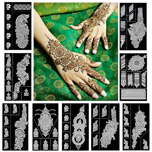 QSTOHENA Reusable Henna Tattoo Stencils Kit - 9 Sheets Mehendi Stencils for Hands, Forearm, Glitter & Airbrush DIY Tattooing (8.2" x 4.7") - görsel 1