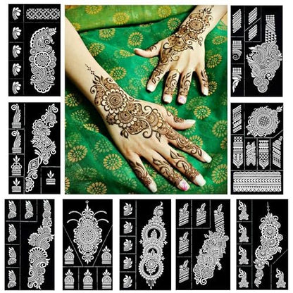 QSTOHENA Reusable Henna Tattoo Stencils Kit - 9 Sheets Mehendi Stencils for Hands, Forearm, Glitter & Airbrush DIY Tattooing (8.2" x 4.7")