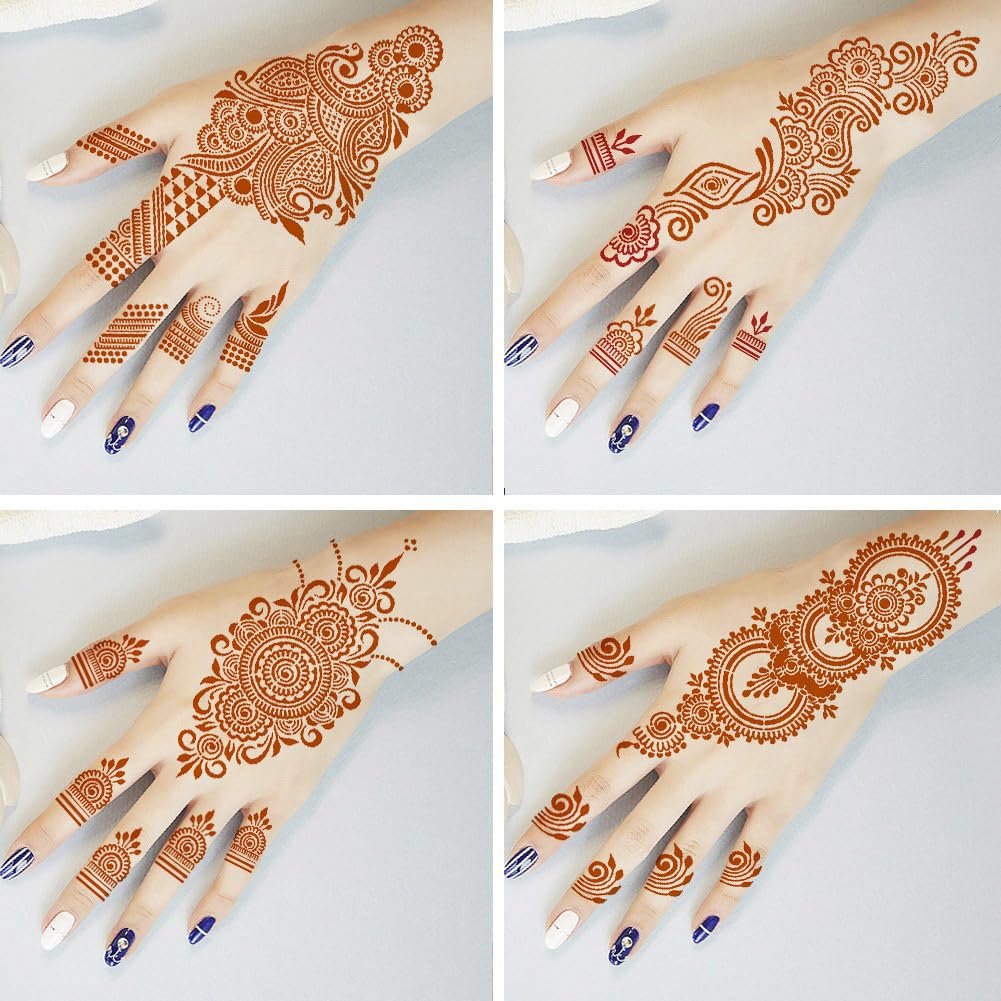 QSTOHENA Reusable Henna Tattoo Stencils Kit - 9 Sheets Mehendi Stencils for Hands, Forearm, Glitter & Airbrush DIY Tattooing (8.2" x 4.7") - görsel 6