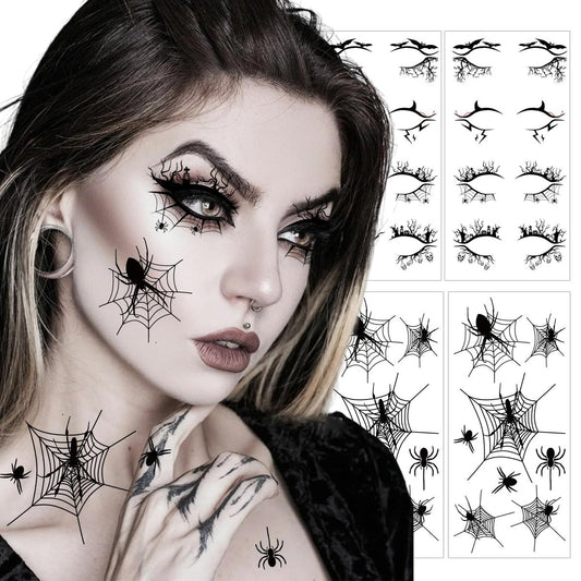 Halloween Spider Face Eye Tattoos - 4 Sheets Temporary Eyeliner Eyeshadow Stickers for Women Girls Spider Web Costume Cosplay Party Favors
