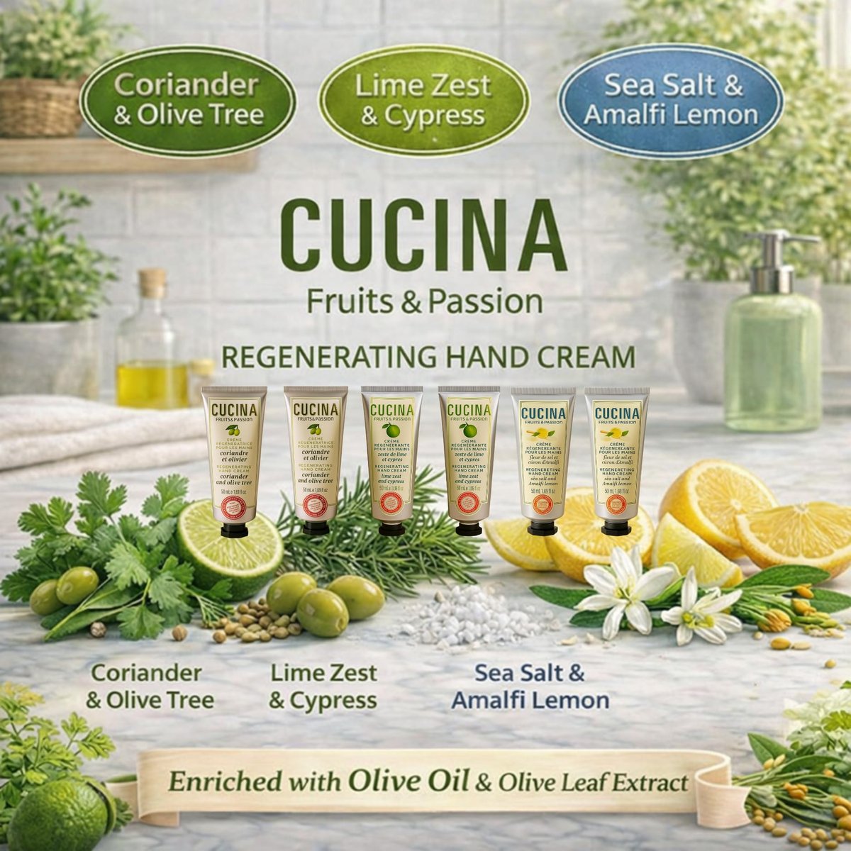 Cucina 6 Pack Regenerating Hand Cream Fruits & Passion Travel Size Set | Coriander Olive Tree, Lime Zest Cypress, Sea Salt Amalfi Lemon - görsel 7