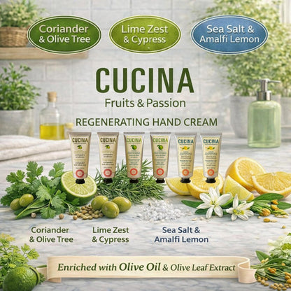 Cucina 6 Pack Regenerating Hand Cream Fruits & Passion Travel Size Set | Coriander Olive Tree, Lime Zest Cypress, Sea Salt Amalfi Lemon