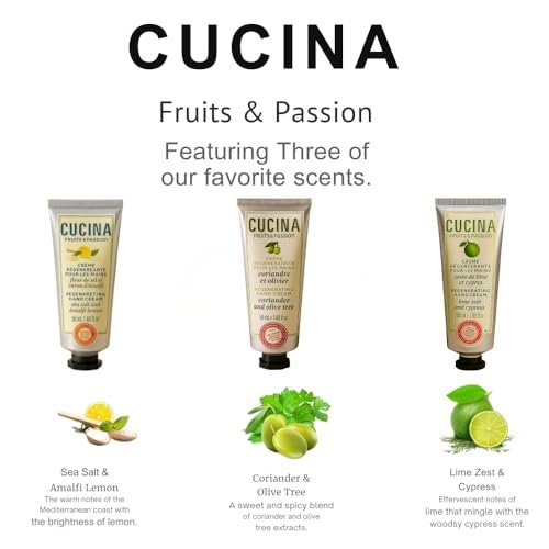 Cucina 6 Pack Regenerating Hand Cream Fruits & Passion Travel Size Set | Coriander Olive Tree, Lime Zest Cypress, Sea Salt Amalfi Lemon - görsel 16