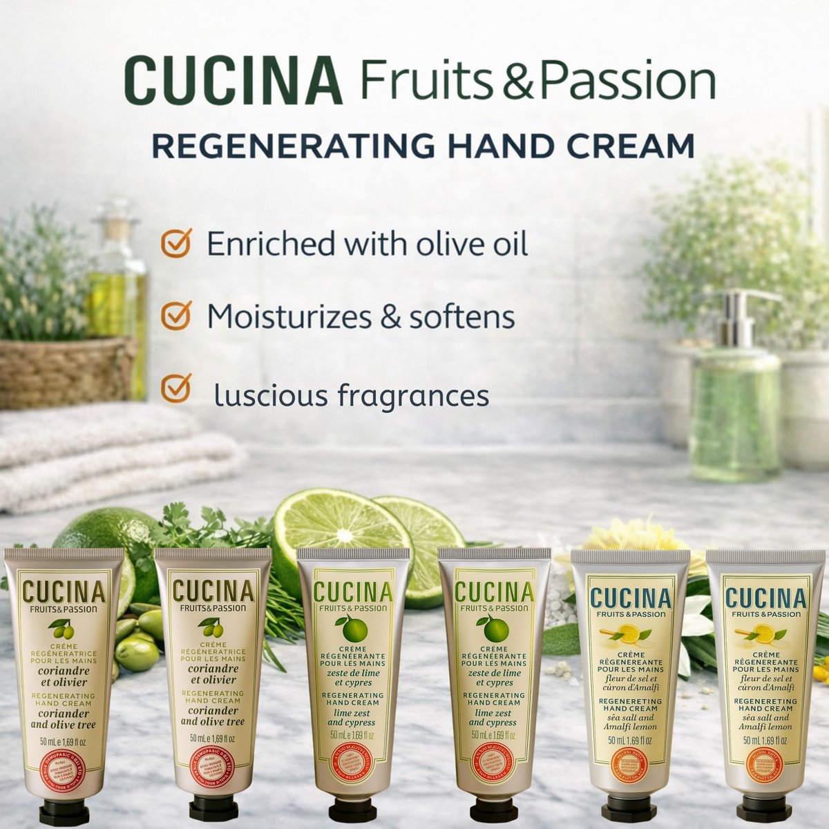 Cucina 6 Pack Regenerating Hand Cream Fruits & Passion Travel Size Set | Coriander Olive Tree, Lime Zest Cypress, Sea Salt Amalfi Lemon - görsel 5
