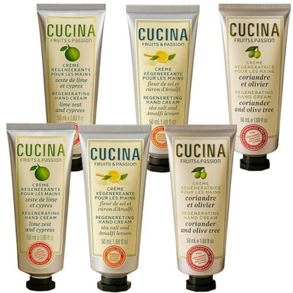 Cucina 6 Pack Regenerating Hand Cream Fruits & Passion Travel Size Set | Coriander Olive Tree, Lime Zest Cypress, Sea Salt Amalfi Lemon