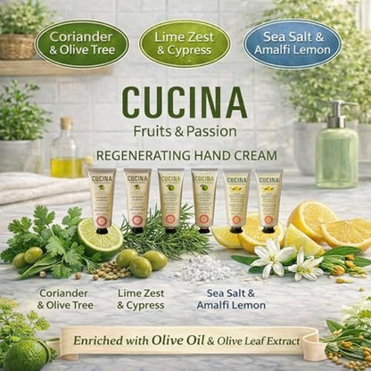 Cucina 6 Pack Regenerating Hand Cream Fruits & Passion Travel Size Set | Coriander Olive Tree, Lime Zest Cypress, Sea Salt Amalfi Lemon
