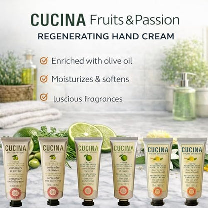Cucina 6 Pack Regenerating Hand Cream Fruits & Passion Travel Size Set | Coriander Olive Tree, Lime Zest Cypress, Sea Salt Amalfi Lemon