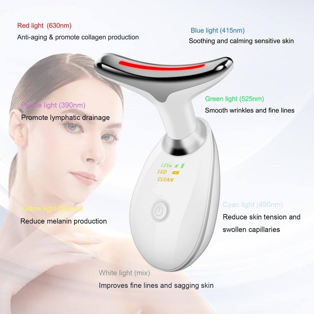 Face and Neck Massager Tool with 7 Color LED Lights - Portable Facial Beauty Device for Skincare - görsel 4
