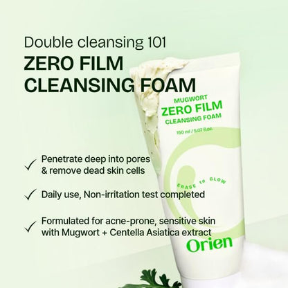 Orien Mugwort Zero Film Cleansing Foam - Daily Makeup Remover & Blackhead Removal, Non-Clogging Pores, Korean Skincare Double Cleansing, 5.07 fl oz (150ml)