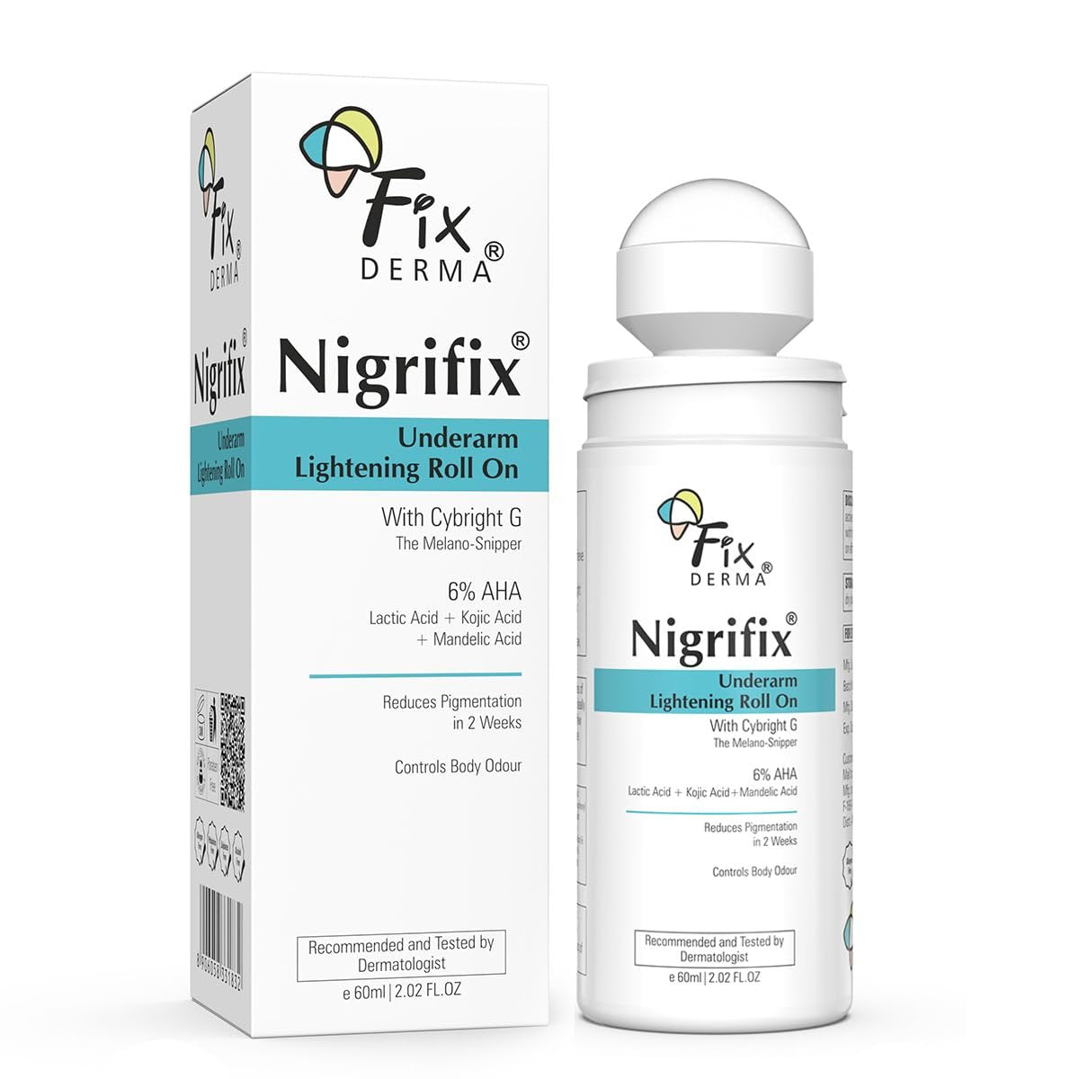 Fixderma Nigrifix Underarm Roll-On with 6% AHA, Lactic Acid & 1% Mandelic Acid & Kojic Acid | Brightens Skin & Exfoliates Underarm | AHA Deodorant for All Skin Types, Men & Women - 60ml Avelisse