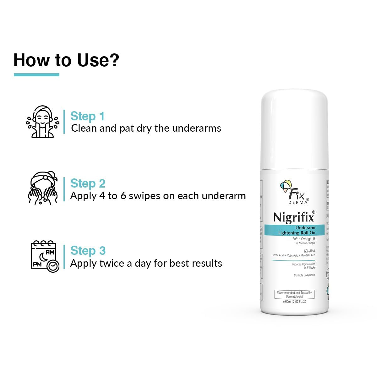 Fixderma Nigrifix Underarm Roll-On with 6% AHA, Lactic Acid & 1% Mandelic Acid & Kojic Acid | Brightens Skin & Exfoliates Underarm | AHA Deodorant for All Skin Types, Men & Women - 60ml Avelisse