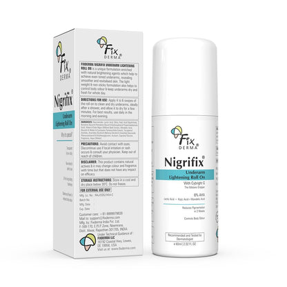 Fixderma Nigrifix Underarm Roll-On with 6% AHA, Lactic Acid & 1% Mandelic Acid & Kojic Acid | Brightens Skin & Exfoliates Underarm | AHA Deodorant for All Skin Types, Men & Women - 60ml Avelisse