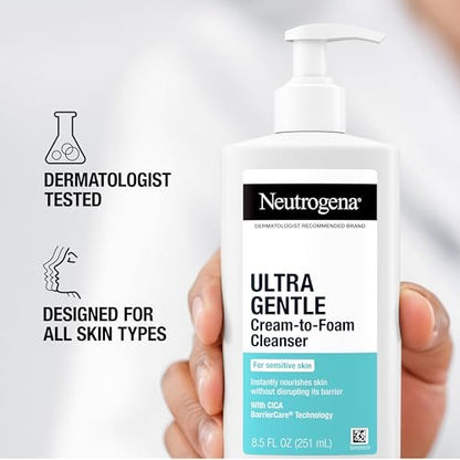 Neutrogena Ultra Gentle Cream-to-Foam Daily Facial Cleanser - Fragrance-Free, Hypoallergenic, 8.5 oz