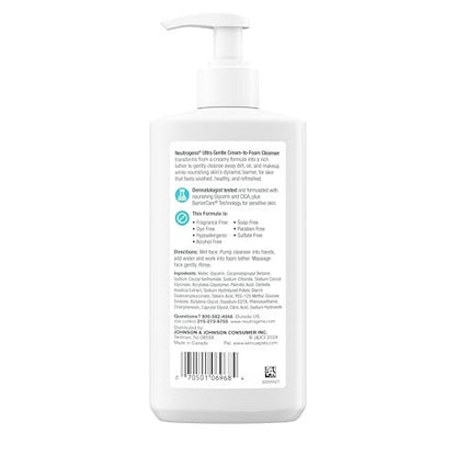 Neutrogena Ultra Gentle Cream-to-Foam Daily Facial Cleanser - Fragrance-Free, Hypoallergenic, 8.5 oz