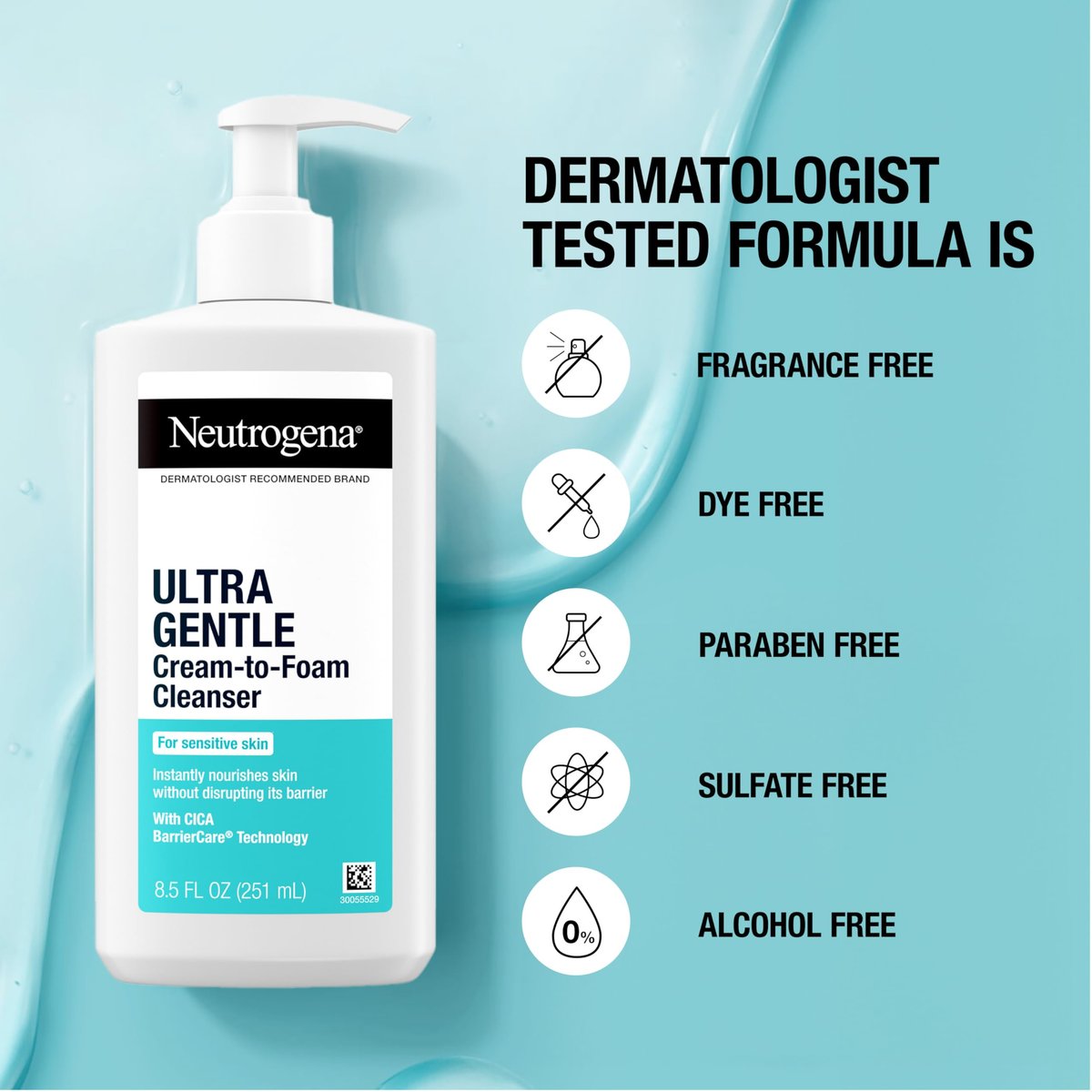 Neutrogena Ultra Gentle Cream-to-Foam Daily Facial Cleanser - Fragrance-Free, Hypoallergenic, 8.5 oz - görsel 11