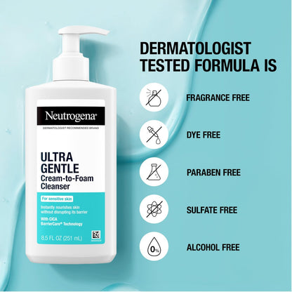 Neutrogena Ultra Gentle Cream-to-Foam Daily Facial Cleanser - Fragrance-Free, Hypoallergenic, 8.5 oz