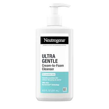 Neutrogena Ultra Gentle Cream-to-Foam Daily Facial Cleanser - Fragrance-Free, Hypoallergenic, 8.5 oz