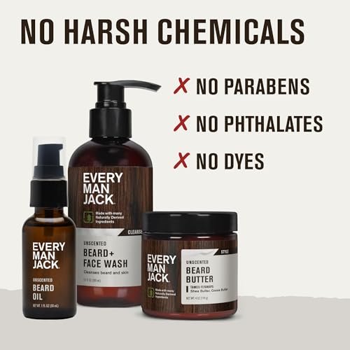 Every Man Jack Unscented Beard Bundle – Fragrance Free Beard & Face Wash, Beard Butter & Beard Oil for Sensitive Skin Avelisse