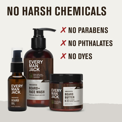 Every Man Jack Unscented Beard Bundle – Fragrance Free Beard & Face Wash, Beard Butter & Beard Oil for Sensitive Skin Avelisse