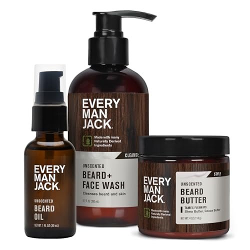 Every Man Jack Unscented Beard Bundle – Fragrance Free Beard & Face Wash, Beard Butter & Beard Oil for Sensitive Skin Avelisse