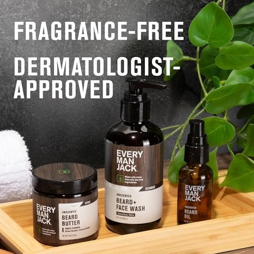 Every Man Jack Unscented Beard Bundle – Fragrance Free Beard & Face Wash, Beard Butter & Beard Oil for Sensitive Skin Avelisse
