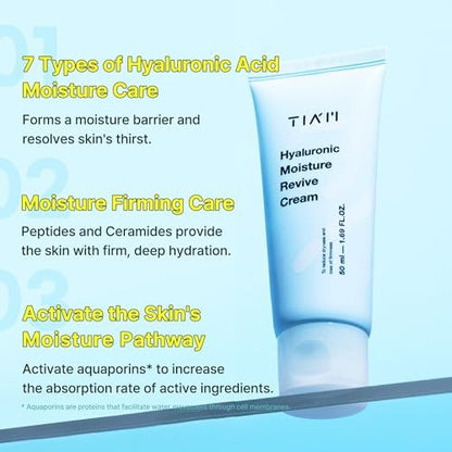 TIA'M Hyaluronic Moisture Revive Cream - Peptide & Ceramide Facial Moisturizer for Dry and Dehydrated Skin, 1.69 fl oz