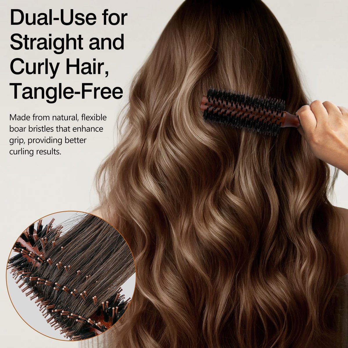 Jaasuee Round Boar Bristle Hair Brush with Wooden Handle – Ideal for Styling Medium to Long Hair, Enhances Volume and Shine for Thick, Fine, Curly, or Straight Hair (Brown) - görsel 11