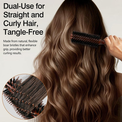 Jaasuee Round Boar Bristle Hair Brush with Wooden Handle – Ideal for Styling Medium to Long Hair, Enhances Volume and Shine for Thick, Fine, Curly, or Straight Hair (Brown)