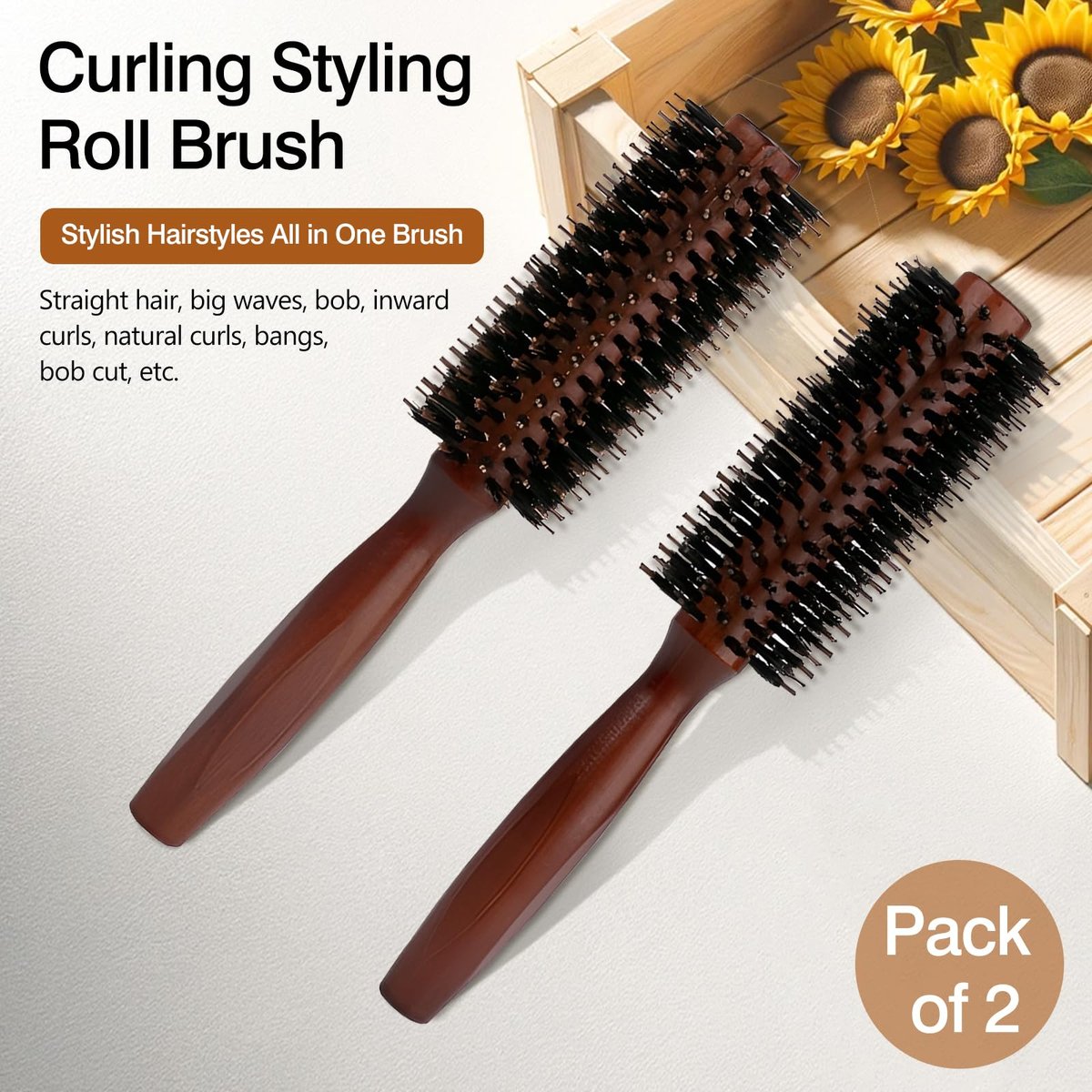Jaasuee Round Boar Bristle Hair Brush with Wooden Handle – Ideal for Styling Medium to Long Hair, Enhances Volume and Shine for Thick, Fine, Curly, or Straight Hair (Brown) - görsel 3