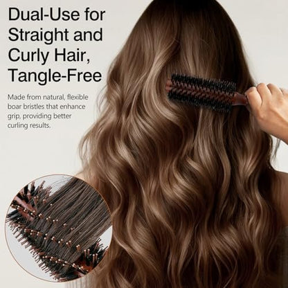 Jaasuee Round Boar Bristle Hair Brush with Wooden Handle – Ideal for Styling Medium to Long Hair, Enhances Volume and Shine for Thick, Fine, Curly, or Straight Hair (Brown)
