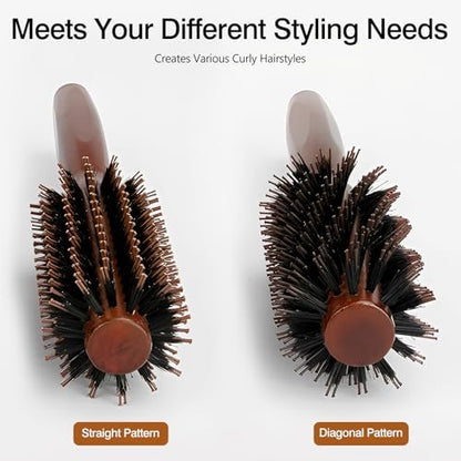 Jaasuee Round Boar Bristle Hair Brush with Wooden Handle – Ideal for Styling Medium to Long Hair, Enhances Volume and Shine for Thick, Fine, Curly, or Straight Hair (Brown)