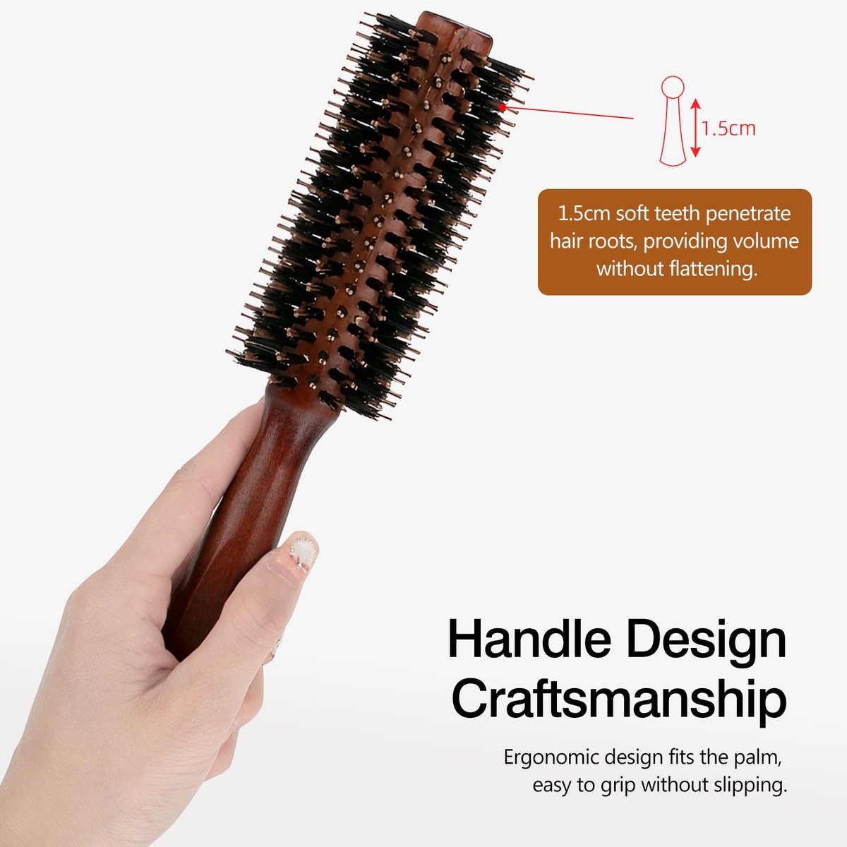 Jaasuee Round Boar Bristle Hair Brush with Wooden Handle – Ideal for Styling Medium to Long Hair, Enhances Volume and Shine for Thick, Fine, Curly, or Straight Hair (Brown) - görsel 7