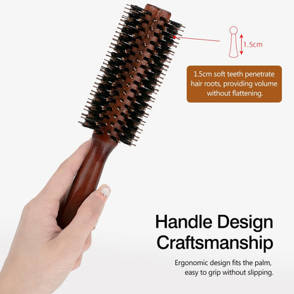 Jaasuee Round Boar Bristle Hair Brush with Wooden Handle – Ideal for Styling Medium to Long Hair, Enhances Volume and Shine for Thick, Fine, Curly, or Straight Hair (Brown)