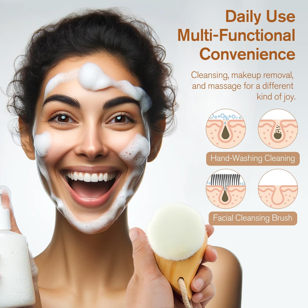 Jaasuee Soft Bristle Facial Cleansing Brush for Deep Pore Cleaning, Travel-Friendly Face Beauty Brush with Ergonomic Handle, Brown - görsel 5