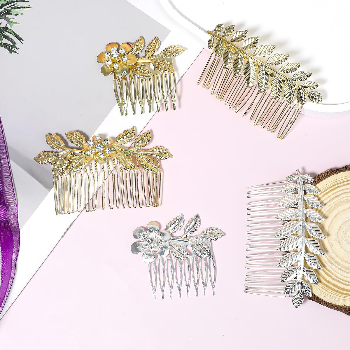 Gold & Silver Rhinestone Leaf Hair Combs - Set of 5 Metal Wedding Hair Clips for Women - görsel 11