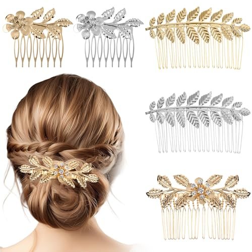Gold & Silver Rhinestone Leaf Hair Combs - Set of 5 Metal Wedding Hair Clips for Women - görsel 2