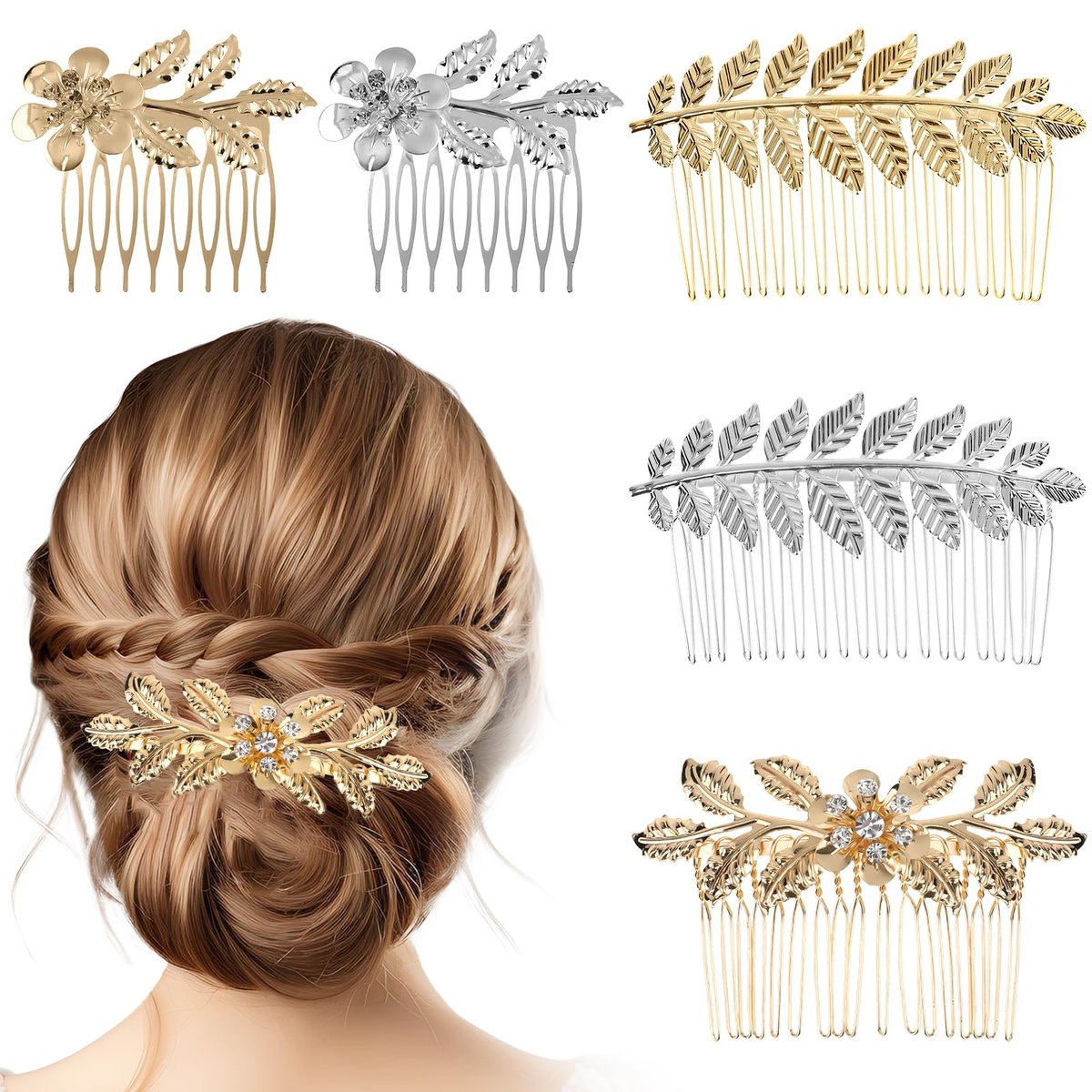Gold & Silver Rhinestone Leaf Hair Combs - Set of 5 Metal Wedding Hair Clips for Women - görsel 1